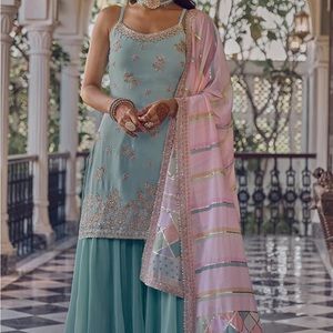 Light Blue Embroidered Sharara Suit
